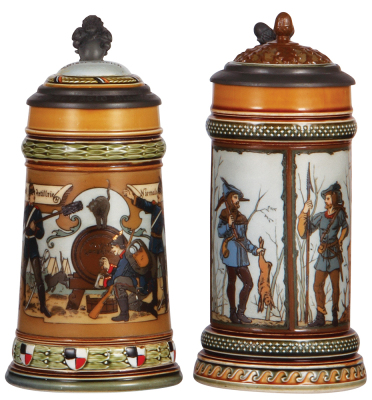 Two Mettlach steins, .5L, 2030, etched, handle & hairline in rear of body repaired; with, .5L, 1695, etched, inlaid lid, chip on underside edge of inlay, body mint. 