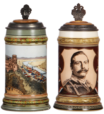 Two Mettlach steins, .5L, 3200, etched, Heidelberg, inlaid lid, inlay & body painted, center hinge ring missing; with, .5L, 1861, etched & PUG, Wilhelm II, inlaid lid, handle repaired. 