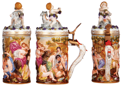 Porcelain stein, 1.0L, 10.7'' ht., hand-painted relief, Capo-di-Monte, marked N with crown, porcelain lid, later thumblift, otherwise mint. - 2