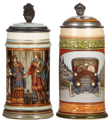 Two Mettlach steins, .5L, 2402, etched, inlaid lid, 4" hairline in rear by handle; with, .5L, 3202, etched, automobile, inlaid lid, handle repaired, hairlines on inlay & top rim of body. 