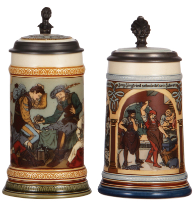 Two Mettlach steins, .5L, 2441, etched, by F. Quidenus, inlaid lid, inlay crack, body mint; with, .5L, 2394, etched, inlaid lid, small chip on handle, otherwise mint. 