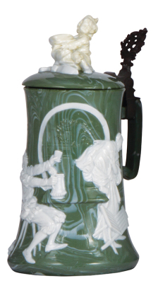 Porcelain stein, .5L, pate-sur-pate, by ENS, marbleized finish, porcelain lid, repaired lid, white color of finial is not matching original color.