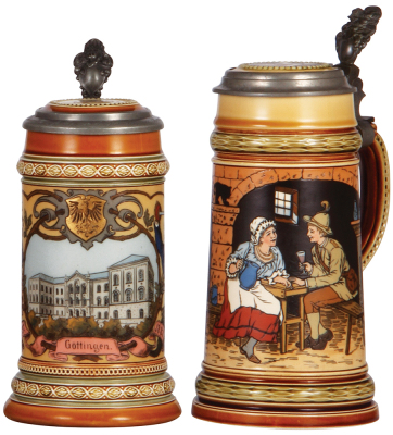 Two Mettlach steins, .5L, 1742, etched, Göttingen, inlaid lid, very good repair on inlay & handle; with, .5L, 2807, etched, inlaid lid, very good inlay repair, body mint. 