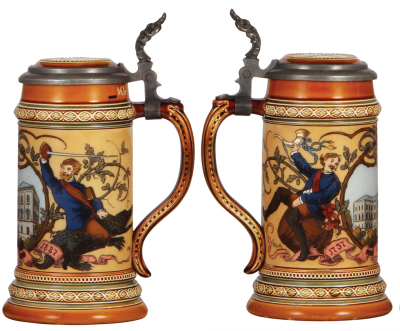 Two Mettlach steins, .5L, 1742, etched, Göttingen, inlaid lid, very good repair on inlay & handle; with, .5L, 2807, etched, inlaid lid, very good inlay repair, body mint.  - 2