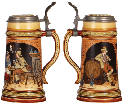 Two Mettlach steins, .5L, 1742, etched, Göttingen, inlaid lid, very good repair on inlay & handle; with, .5L, 2807, etched, inlaid lid, very good inlay repair, body mint.  - 3