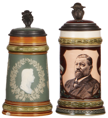 Two Mettlach steins, .5L, 3034, cameo, von Schiller, inlaid lid, inlay crack, base chip; with, .5L, 1997, etched & PUG, by Hein, George Ehret, inlaid lid, inlay hairline, center hinge ring missing. 