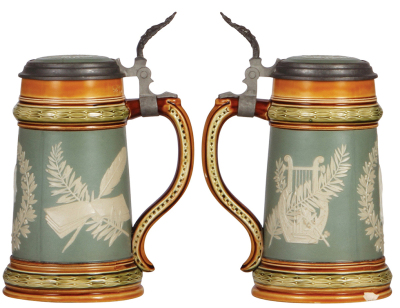 Two Mettlach steins, .5L, 3034, cameo, von Schiller, inlaid lid, inlay crack, base chip; with, .5L, 1997, etched & PUG, by Hein, George Ehret, inlaid lid, inlay hairline, center hinge ring missing.  - 2