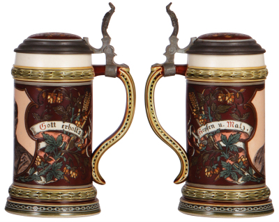 Two Mettlach steins, .5L, 3034, cameo, von Schiller, inlaid lid, inlay crack, base chip; with, .5L, 1997, etched & PUG, by Hein, George Ehret, inlaid lid, inlay hairline, center hinge ring missing.  - 3