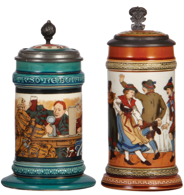 Two Mettlach steins, .5L, 2044, etched, inlaid lid, inlay cracks, owner I.D. on base; with, .5L, 1655, etched, inlaid lid has very good repair, body mint. 