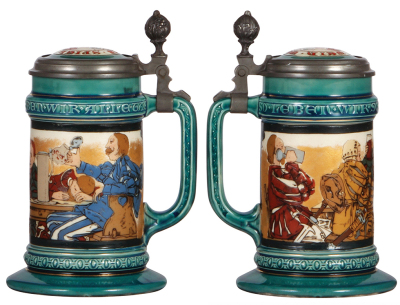 Two Mettlach steins, .5L, 2044, etched, inlaid lid, inlay cracks, owner I.D. on base; with, .5L, 1655, etched, inlaid lid has very good repair, body mint.  - 2