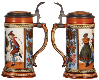 Two Mettlach steins, .5L, 2044, etched, inlaid lid, inlay cracks, owner I.D. on base; with, .5L, 1655, etched, inlaid lid has very good repair, body mint.  - 3
