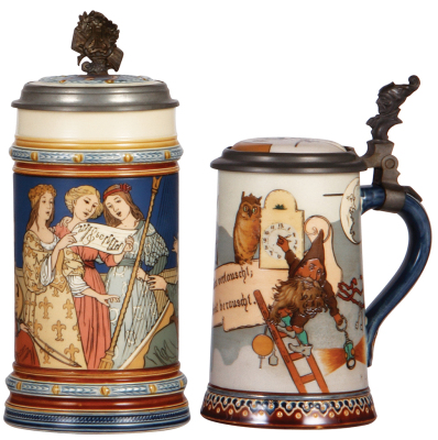 Two Mettlach steins, .5L, 2581, etched, by F. Quidenus, inlaid lid, thumblift reattached, otherwise mint; with, .5L, 2092, etched, by H. Schlitt, inlaid lid, 1.5" hairline in rear. 