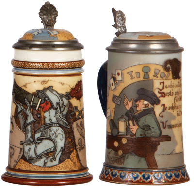 Two Mettlach steins, .3L, 2123, etched, by H. Schlitt, inlaid lid, body hairlines & interior browning; with, .3L, 2090, etched, by H. Schlitt, inlaid lid, hairline in rear repaired. 