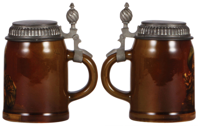 Two Mettlach steins, .25L, 6137 [2792], Rookwood, pewter lid, interior browning, otherwise mint; with, .5L, 662 [1526], PUG, Turner pewter lid, circular pewter tear, hairline.  - 2