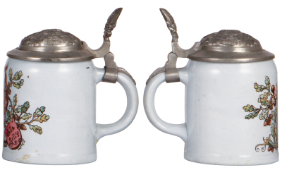 Two Mettlach steins, .25L, 6137 [2792], Rookwood, pewter lid, interior browning, otherwise mint; with, .5L, 662 [1526], PUG, Turner pewter lid, circular pewter tear, hairline.  - 3