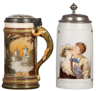 Two Mettlach steins, .5L, 2373, etched, St. Augustine Fla., inlaid lid, alligator head missing; with, 1.0L, 1643, etched, by C. Warth, pewter lid, mint. 