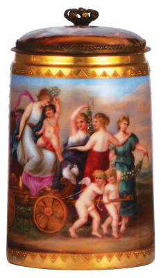 Porcelain stein, .5L, hand-painted, marked with Beehive, Royal Vienna type, Wagen der Venus, inlaid lid with scenes inside & outside, good repair of hairline on inlay.