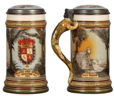 Two Mettlach steins, .5L, 2373, etched, St. Augustine Fla., inlaid lid, alligator head missing; with, 1.0L, 1643, etched, by C. Warth, pewter lid, mint.  - 2