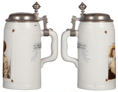 Two Mettlach steins, .5L, 2373, etched, St. Augustine Fla., inlaid lid, alligator head missing; with, 1.0L, 1643, etched, by C. Warth, pewter lid, mint.  - 3