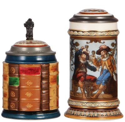 Two Mettlach steins, .5L, 2001B, decorated relief, Medical Book Stein, inlaid lid, small chip on book binding; with, .5L, 1932, etched, by C. Warth, inlaid lid, no thumblift. 