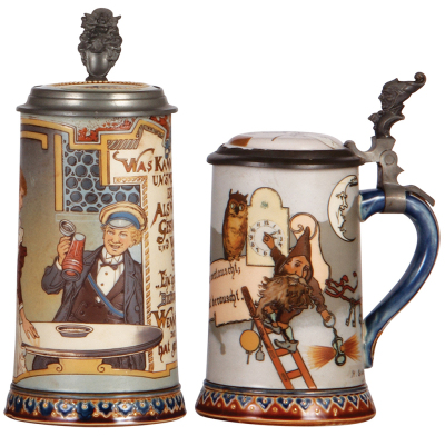 Two Mettlach steins, .5L, 2520, etched, by H. Schlitt, inlaid lid, faint hairline on inlay, body mint; with, .5L, 2092, etched, by H. Schlitt, inlaid lid, handle break glued, hairlines & chips on body. 