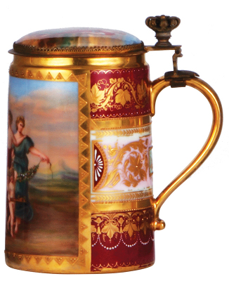 Porcelain stein, .5L, hand-painted, marked with Beehive, Royal Vienna type, Wagen der Venus, inlaid lid with scenes inside & outside, good repair of hairline on inlay. - 2