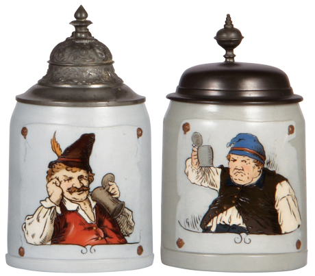 Two Mettlach steins, .5L, 1648, etched, by C. Warth, original pewter lid, mint; with, .5L, 1647, etched, by C. Warth, pewter lid, mint.