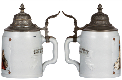 Two Mettlach steins, .5L, 1648, etched, by C. Warth, original pewter lid, mint; with, .5L, 1647, etched, by C. Warth, pewter lid, mint. - 2