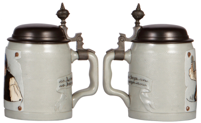 Two Mettlach steins, .5L, 1648, etched, by C. Warth, original pewter lid, mint; with, .5L, 1647, etched, by C. Warth, pewter lid, mint. - 3