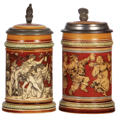 Two Mettlach steins, .3L, 2035, etched, inlaid lid, mint; with, .3L, 2057, etched, inlaid lid, mint.