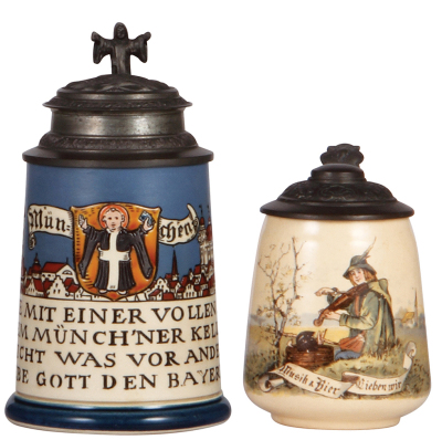 Two Mettlach steins, .5L, 2002, etched, pewter lid with relief scene of Munich; with, .3L, 1023 [2349], PUG, pewter lid, mint. 