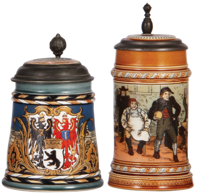 Two Mettlach steins, .5L, 2024, etched, inlaid lid, excellent replacement inlay; with, .5L, 1403, etched, by C. Warth, inlaid lid, handle breaks glued.