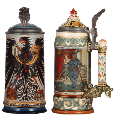 Two Mettlach steins, 1.0L, 1856, etched, inlaid lid, body & handle damage repaired, color is changing; with, 1.0L, 2391, etched, inlaid lid, good body & lid repair, but deteriorating a little.