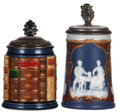 Two Mettlach steins, .5L, 2001B, decorated relief, Medical Book Steins, original silver-plated lid, worn plating, otherwise mint; with, .5L, 2714, cameo, by Stahl, 1" top rim fracture.