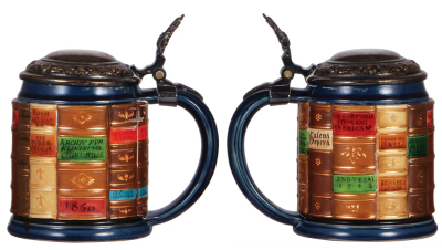 Two Mettlach steins, .5L, 2001B, decorated relief, Medical Book Steins, original silver-plated lid, worn plating, otherwise mint; with, .5L, 2714, cameo, by Stahl, 1" top rim fracture. - 2