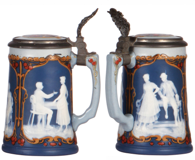 Two Mettlach steins, .5L, 2001B, decorated relief, Medical Book Steins, original silver-plated lid, worn plating, otherwise mint; with, .5L, 2714, cameo, by Stahl, 1" top rim fracture. - 3