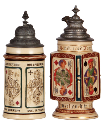 Two pottery steins, .5L, relief, 205, by Dümler & Breiden, cards, pewter lid, mint; with, .5L, etched, 686, by Reinhold Merkelbach, cards, pewter lid, mint.