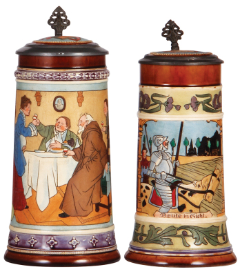 Two pottery steins, 1.0L, etched, marked J.W. Remy, 947, inlaid lid, factory pewter blemish, mint; with, .5L, etched, marked J.W. Remy, 896, inlaid lid, 2" hairline on side. 