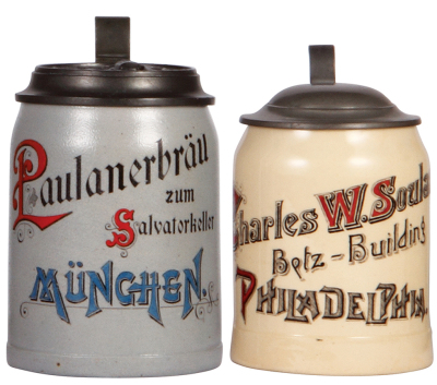 Two steins, .5L, stoneware, Paulanerbräu München, matching relief pewter lid, mint; with, .3L, pottery, Charles W. Soulas, Betz Building, Philadelphia, pewter lid, mint.