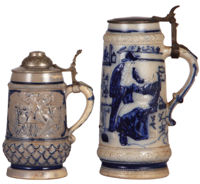 Two stoneware steins, .5L, both relief, by Whites Potteries, Utica N.Y., 37, pewter lid, discoloring & wear; with, 1.0L, relief & threading, 5, pewter lid, very good condition.