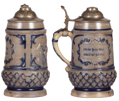 Two stoneware steins, .5L, both relief, by Whites Potteries, Utica N.Y., 37, pewter lid, discoloring & wear; with, 1.0L, relief & threading, 5, pewter lid, very good condition. - 2