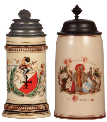 Two pottery steins, .5L, transfer & hand-painted, marked 902, Turner, Gut Heil!, relief pewter lid, mint; with, 1.0L, transfer & hand-painted, VII. Deutsches Turnfest, München, 1889, marked Martin Pauson München, pewter lid, a little wear, otherwise mint.