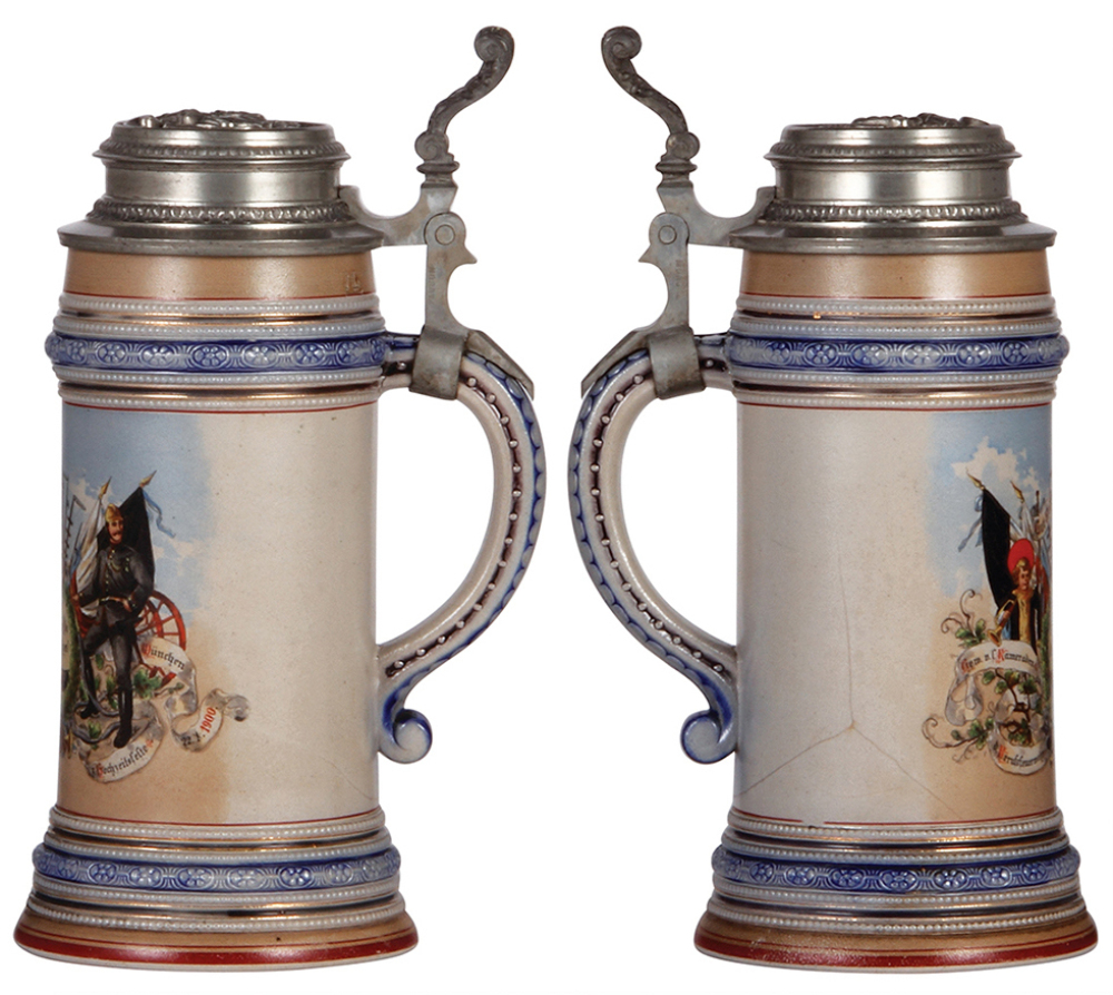 Two stoneware steins, 1.0L, transfer & hand-painted, marked M. & W. Gr ...