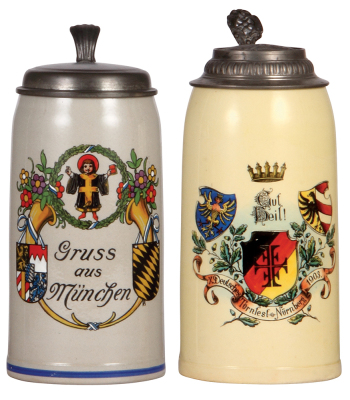 Two steins, stoneware, 1.0L, transfer & hand-painted, Gruss aus München, mint; with, 1.0L, pottery, transfer & hand-painted, X. Deutsches Turnfest, Nürnberg, 1903, pewter lid: Nürnberg, mint. 