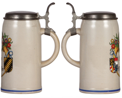 Two steins, stoneware, 1.0L, transfer & hand-painted, Gruss aus München, mint; with, 1.0L, pottery, transfer & hand-painted, X. Deutsches Turnfest, Nürnberg, 1903, pewter lid: Nürnberg, mint.  - 2
