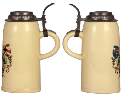 Two steins, stoneware, 1.0L, transfer & hand-painted, Gruss aus München, mint; with, 1.0L, pottery, transfer & hand-painted, X. Deutsches Turnfest, Nürnberg, 1903, pewter lid: Nürnberg, mint.  - 3