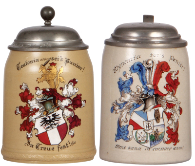 Two steins, Mettlach, .5L, 1526, transfer & hand-painted, Teutonia Sei's Panier!, 1929, pewter lid, mint; with, stoneware, .5L, transfer & hand-painted, Rhenania Sei's Panier!, 1924, pewter lid dented, body mint. 