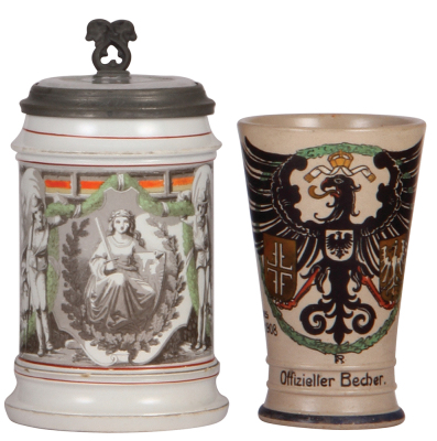 Two items, pottery stein, .5L, transfer & hand-painted, Turner, inlaid lid Gut Heil!, small chips on lower edge; with, stoneware beaker, .25L, transfer & hand-painted, XI. Deutsches Turnfest, Frankfurt a./M. 1908, by F. Ringer, hairline repaired. 