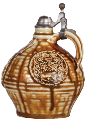 Stoneware stein, 6.6'' ht., relief, unmarked, mid 1900s, Bartmannskrug, brown saltglaze, pewter lid, mint. - 2