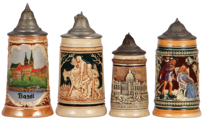 Four pottery steins, 3.8" to 5.6" ht., one transfer & handpainted, three relief, 1st., Basel, mint, 2nd., pewter strap repaired, 3rd., New Pennsylvania Capitol, Harrisburg PA, mint, 4th., base wear. 